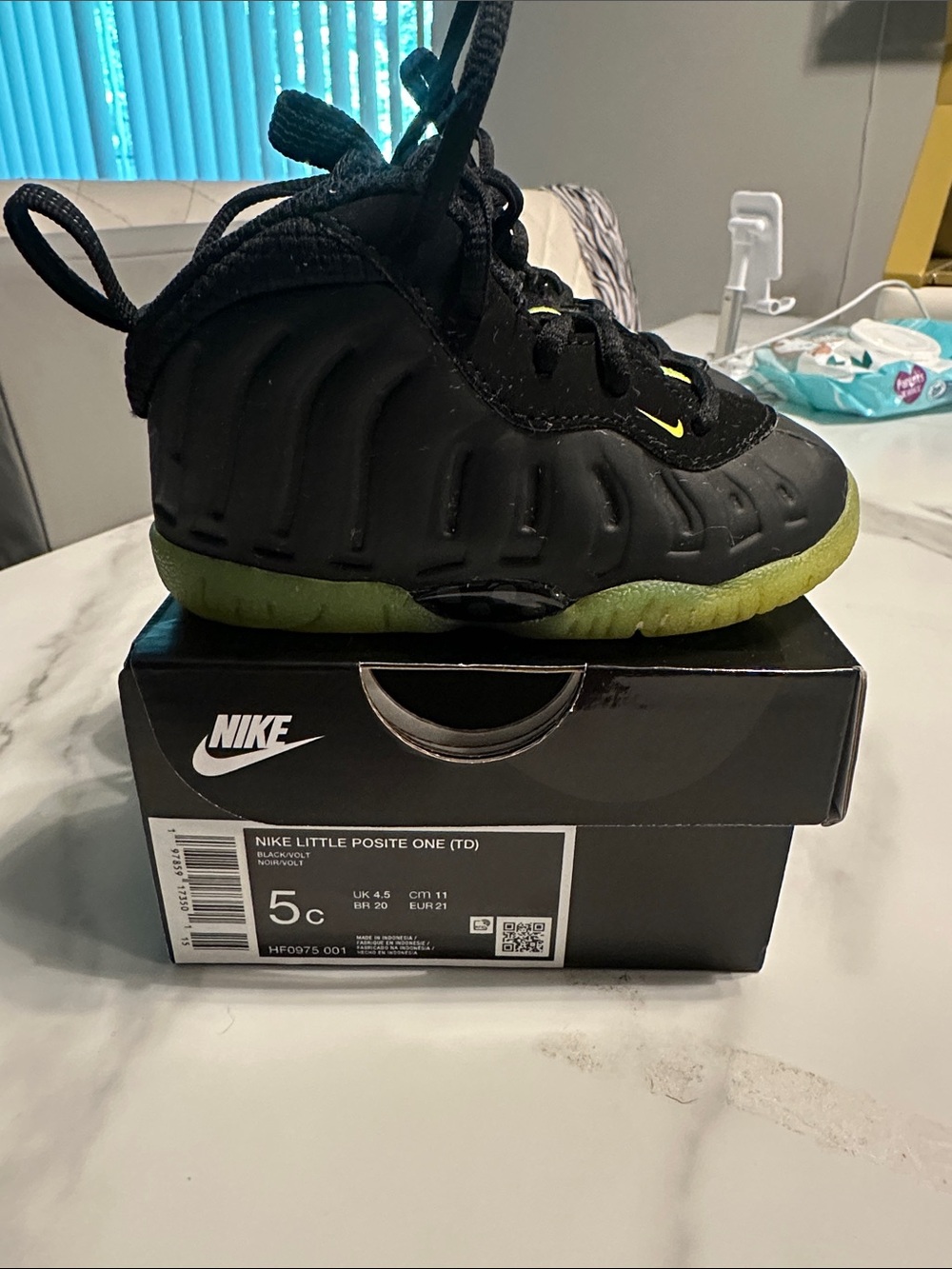 Nike Kids Little Posite One Black with Neon Green Accents
